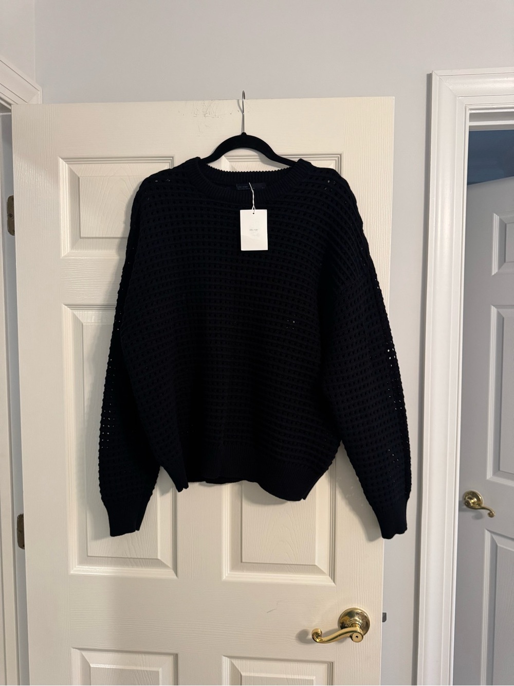 OAK + FORT Women's Black Open-Knit Crewneck Sweater